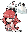 a pixel art of a girl with red hair holding a panda umbrella .