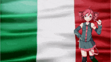 a girl with red hair is standing in front of a flag