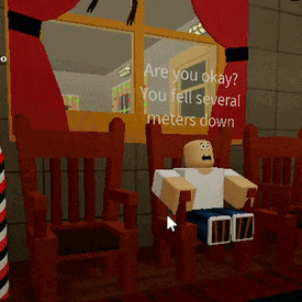 a cartoon character is sitting in a chair with the words " are you okay you fell several meters down "