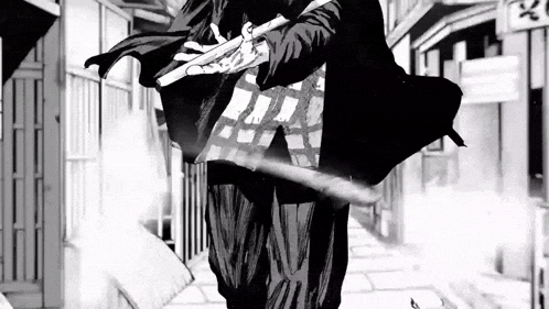 a black and white drawing of a man in a suit holding a sword in his hands .