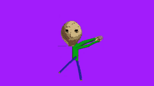 a cartoon character with a purple background has a green arm