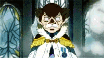 a cartoon character is standing in front of a stained glass window and has a medal around his neck .