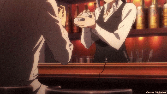 a man sits at a bar talking to a bartender with omake gif anime on the bottom