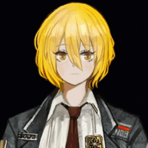 a girl with yellow hair is wearing a black jacket with a patch that says eon