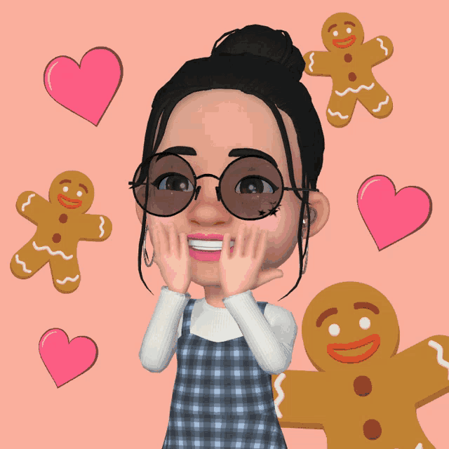 a girl wearing sunglasses is surrounded by gingerbread men