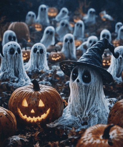 a ghost in a witch hat is surrounded by pumpkins and ghosts