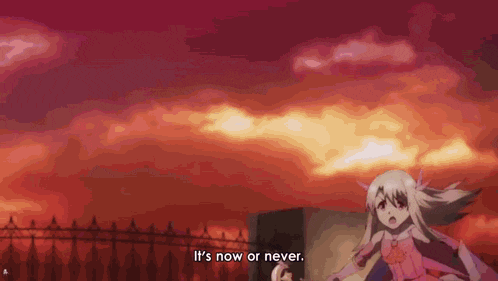 a girl is running in front of a sunset and says it 's now or never .