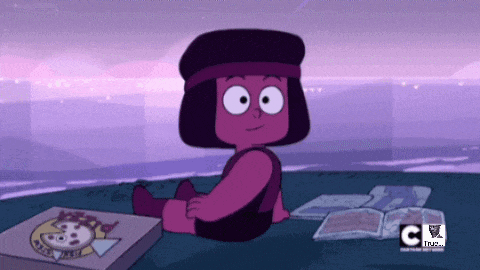 a cartoon character is sitting next to a box of pizza that says very tasty