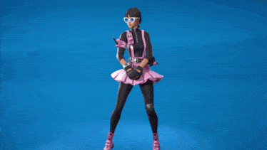 a girl in a pink skirt and black outfit is standing with her arms outstretched