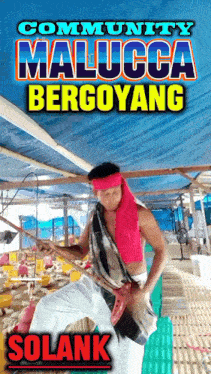 a poster for community malucca bergoyang shows a man with a pink headband