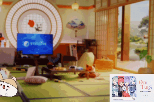 a cartoon of a living room with a poster that says our tales