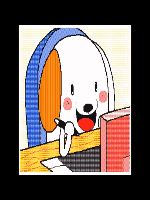 a cartoon drawing of a person holding a pen in their mouth