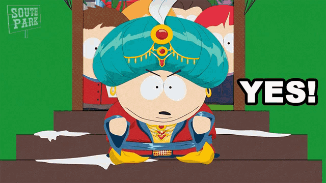 a cartoon character from south park is tied up and says " yes "