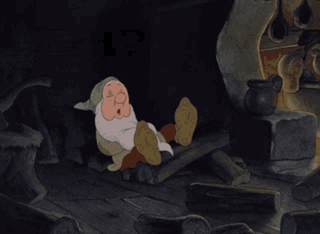 a cartoon dwarf is sleeping on a log in a dark room