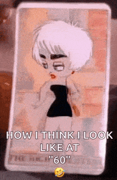 a cartoon of a woman in a black dress with the words `` how i think i look like at 60 ''