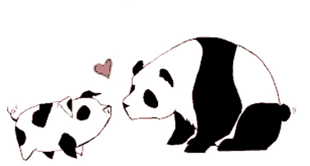 a black and white drawing of a panda and a pig with a red heart between them
