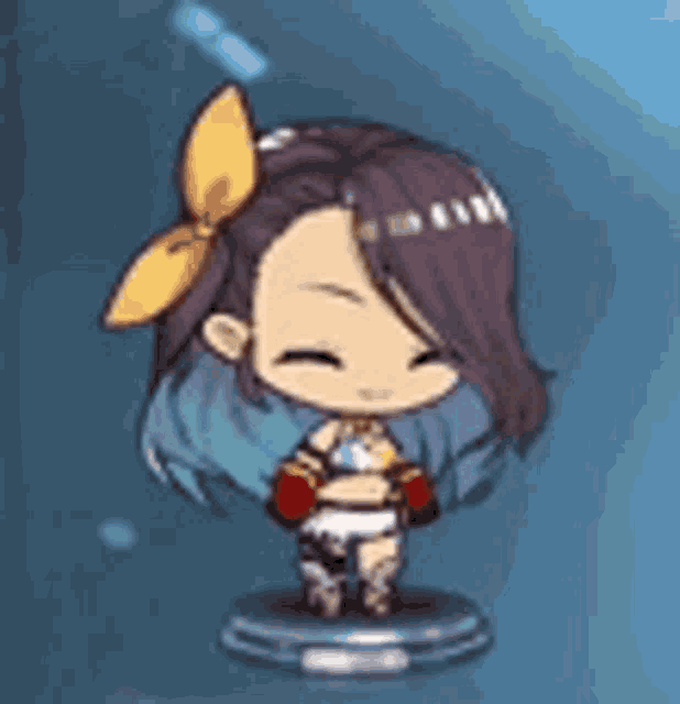 a cartoon girl with long hair and boxing gloves is standing on a blue background .