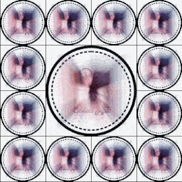 a pattern of circles with a picture of a butterfly in the middle