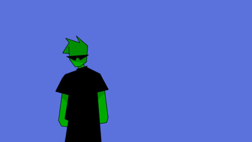 a green cartoon character wearing sunglasses stands in front of two yellow cartoon characters