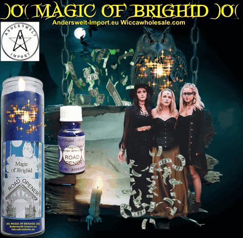an advertisement for magic of bright with a candle and a bottle