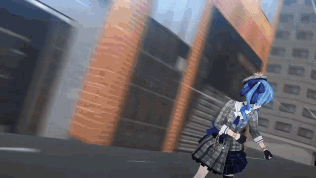 a girl in a plaid dress is walking down a street .