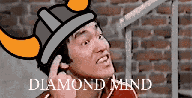 a cartoon of a man wearing a viking hat with the words diamond mind written below him