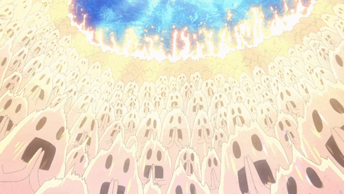 a bunch of ghosts are standing in a circle