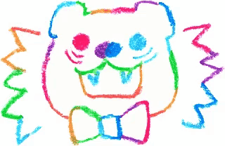 a colorful drawing of a bear with a bow tie on a white background