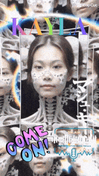 a picture of a woman with a skeleton behind her that says come on