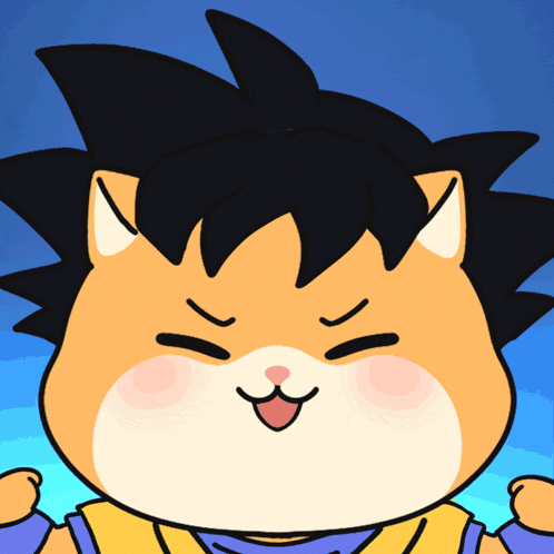 a cartoon of a cat dressed as goku with a blue sky in the background