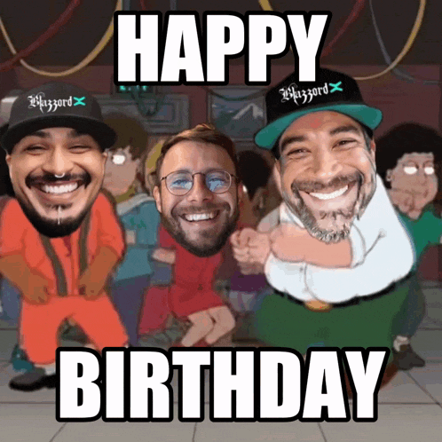 a cartoon of a group of men with the words happy birthday below them