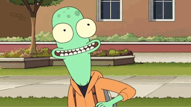 a cartoon character is standing on the sidewalk with a backpack