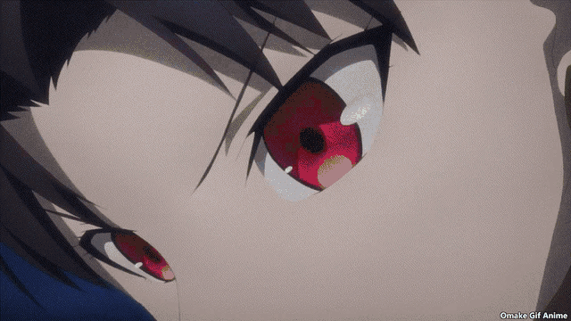 a close up of a person 's eyes with the words omake girl anime visible