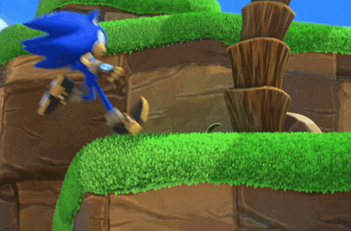 sonic the hedgehog is playing a video game on a lush green hillside