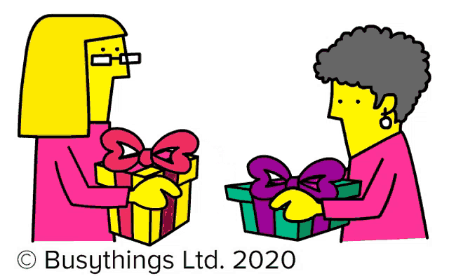 a busythings ltd. 2020 cartoon of two women holding presents