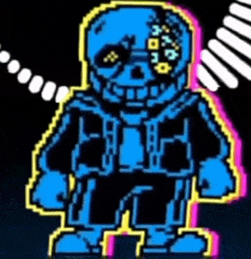 a pixel art of a skeleton with a robotic face and a glowing eye .