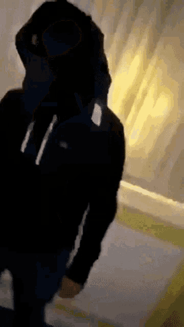 a person wearing a black hoodie is standing in a room .