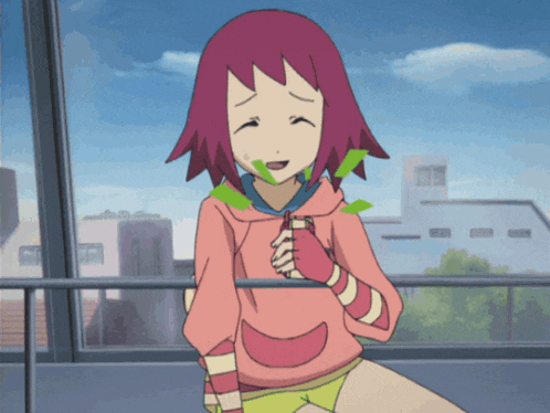 a girl with pink hair and a pink hoodie