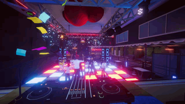 people are dancing in a room with a dj 's controller that says ' 00 ' on it