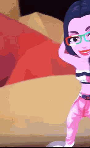 a cartoon girl with glasses and a pink top