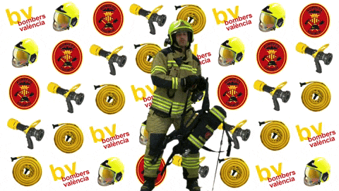 a fireman stands in front of a pattern of bombers valencia items