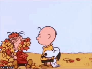 a cartoon of charlie brown , lucy brown and snoopy standing in a pile of leaves .