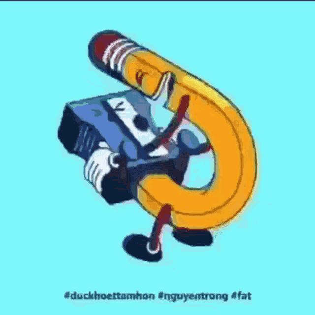 a drawing of a pencil with arms and legs on a blue background .
