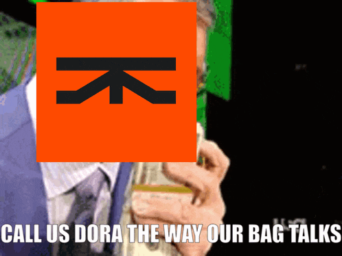 a man in a suit and tie is holding a bunch of money in front of a sign that says " call us dora "