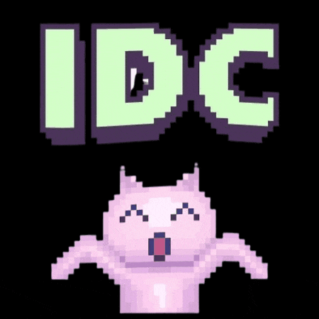 a pixel art drawing of a cat with the word idc above it