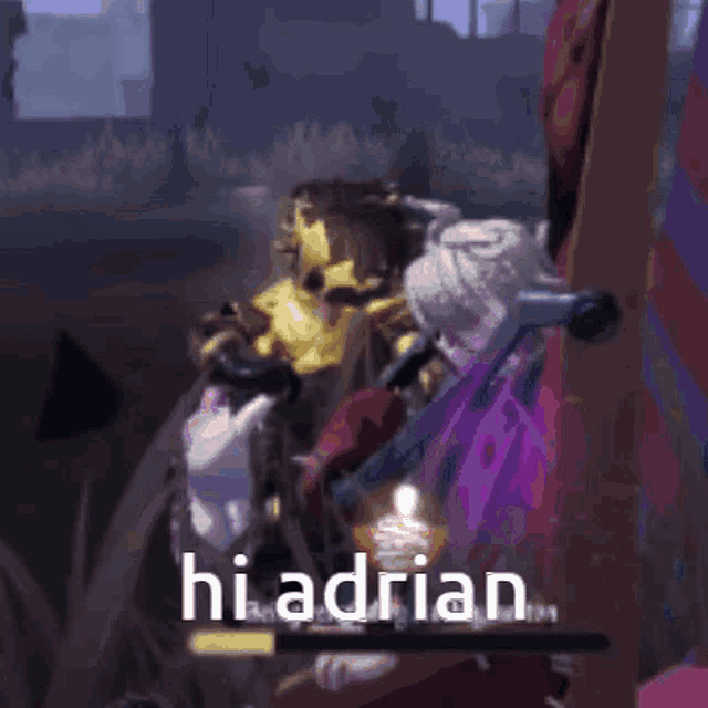 a video game character says hi adrian while holding a purple flower
