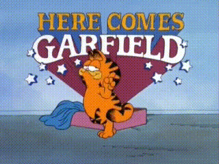 a cartoon of garfield sitting on a bed with the words here comes garfield above him