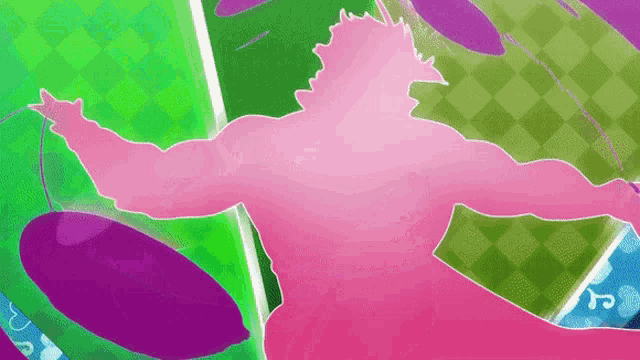 a pink silhouette of a person is dancing in front of a green and purple background .