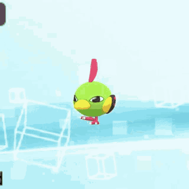 a green bird with a red beak is flying in the air on a blue background .