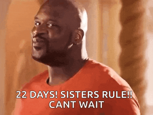 a man with a beard is wearing an orange shirt and says 22 days ! sisters rule ! cant wait .